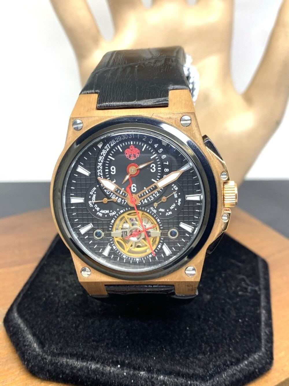 SUG 1883 Men's Watch Quartz Rose Gold Black Dial Leather Strap 42mm